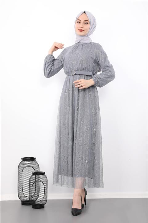 Giza Giyim Beli Lastikli Dantelli Elbise Gri