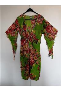 Butik Tülin Otantik Pamuk Yeşil Payet Pul Taş El Işi Nakışlı Deniz Elbisesi
