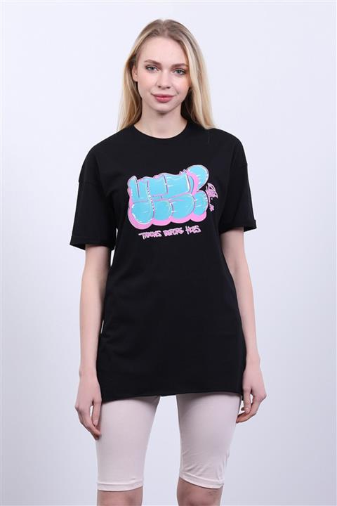 Masorte Kadın Siyah Yes Baskılı Siyah T-shirt