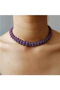 Handmade By HLY Kadın Mor El Yapımı Kristal Taşlı İşlemeli Choker Kolye