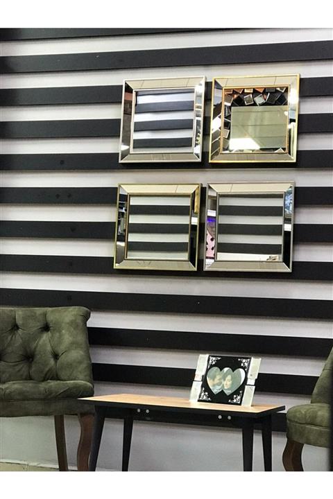 Özcam Ayna Ve Çerçeve 4lü Dekoratif Duvar Salon Ofis Gümüş Çerçeveli Ayna 40x40