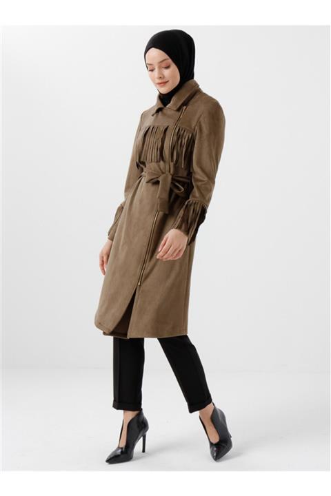 Vamelya Kadın Haki Süet Püsküllü Trençkot