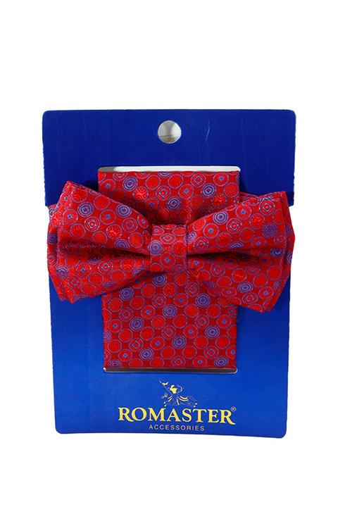 ROMASTER Kırmızı Renk Daire Desenli Mendilli Papyon