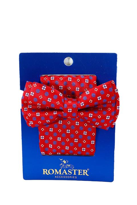 ROMASTER Kırmızı Renk Kare Desenli Mendilli Papyon