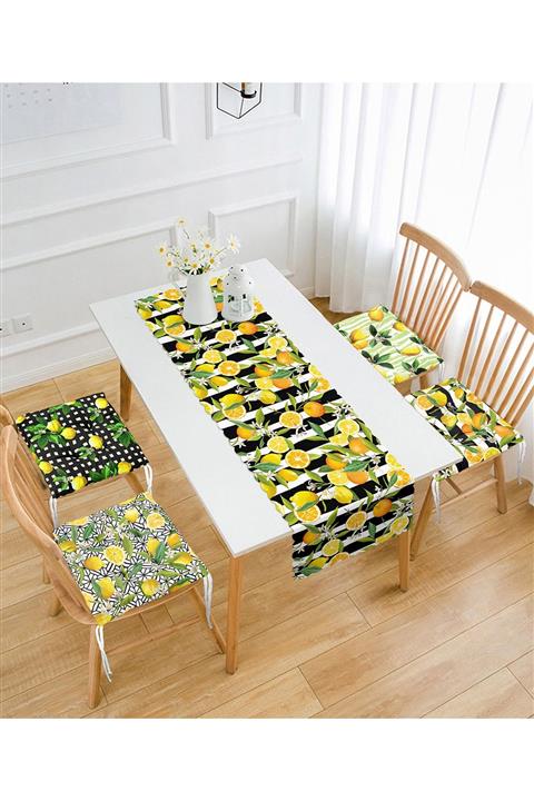 Realhomes Siyah Çizgili Limon Tasarımlı 4 Pofidik Sandalye Minderi Ve 1 Runner Seti