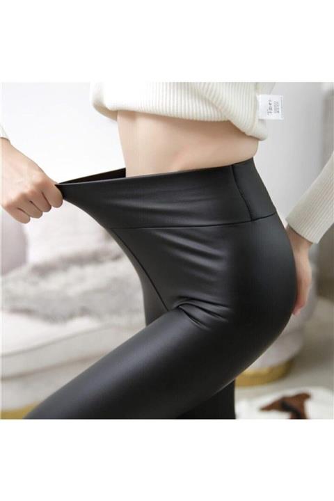 İNCEBELLİ Kadın Siyah Mat Deri Tayt