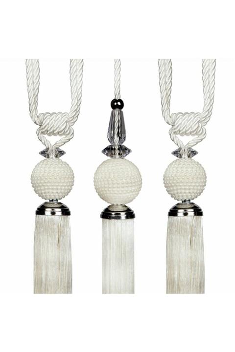 Çınar Aksesuar Incili Perde Kolbağı Sarkıt 3lu Set Krem