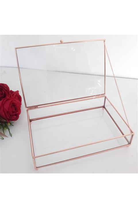 Gelincimherşey Rose Gold Dikdörtgen Kapaklı Büyük Boy Ayaklı Cam Kutu