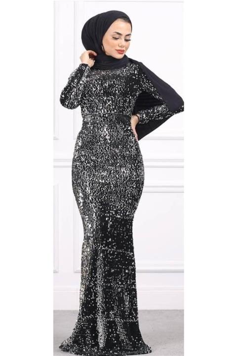 DMR Kadın Siyah Kadife Pullu Abiye Elbise