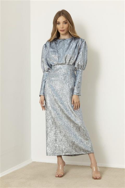 EMELL TURGAY Balon Kol Simli Indigo Abiye