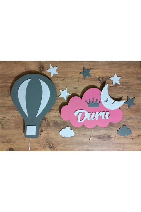 Babystasarım Isimli Ahşap Aydınlatma Balon & Bulut 2'li Set Çocuk Odası Gece Lambası Aydınlatma