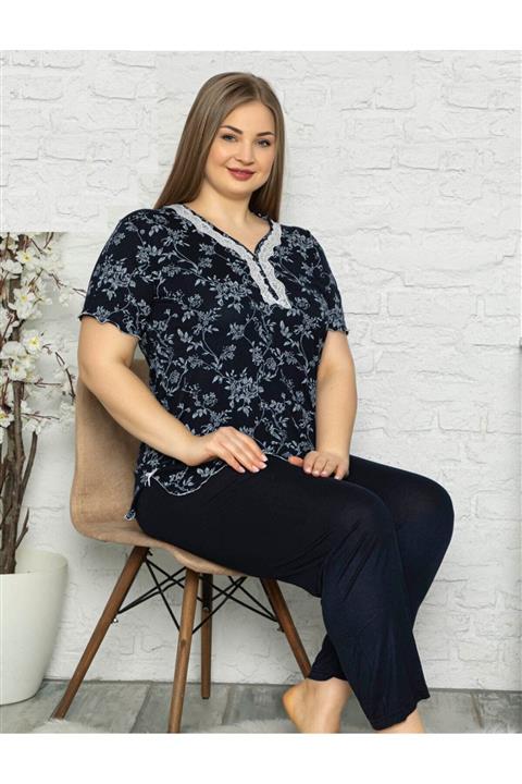 Pijamanya Kadın Lacivert Büyük Beden Çiçek Desenli V Yaka Viskon Pijama Takımı