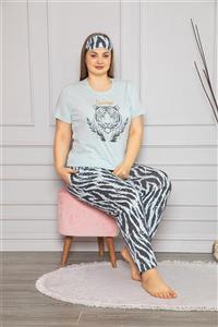 Pijamoni Kadın Yeşil Büyük Beden Kısa Kollu Kaplan Desenli Pijama Takımı