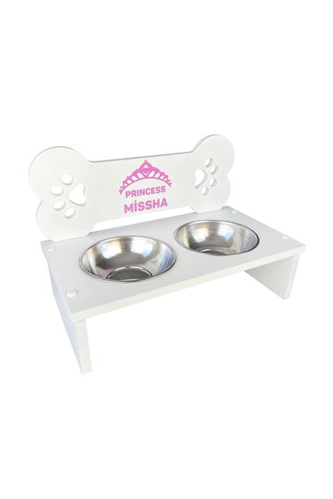 odunconcept Büyük Irk Köpek Mama Ve Su Kabı - 2'li Kemik - Beyaz Başlıklı Beyaz