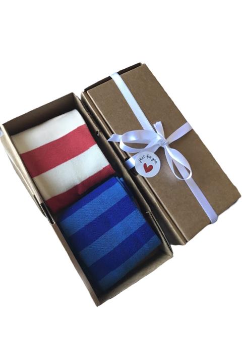 B&E STORE Unisex 2'li Kalın Çizgili Kutulu Çorap