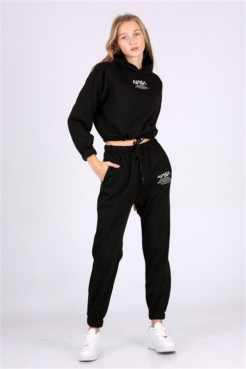 candybia Kadın Siyah Nasa Baskılı Polarlı Eşofman Takım