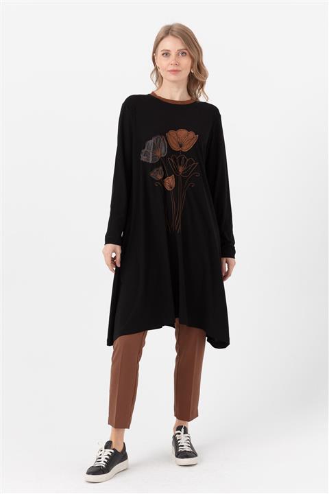 Nihan Basklı Detaylı Büyük Beden Tunik Siyah