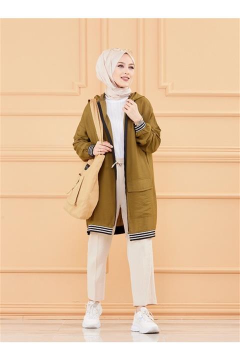 TOFİSA Kadın Haki Fermuarlı Kapüşonlu Tunik
