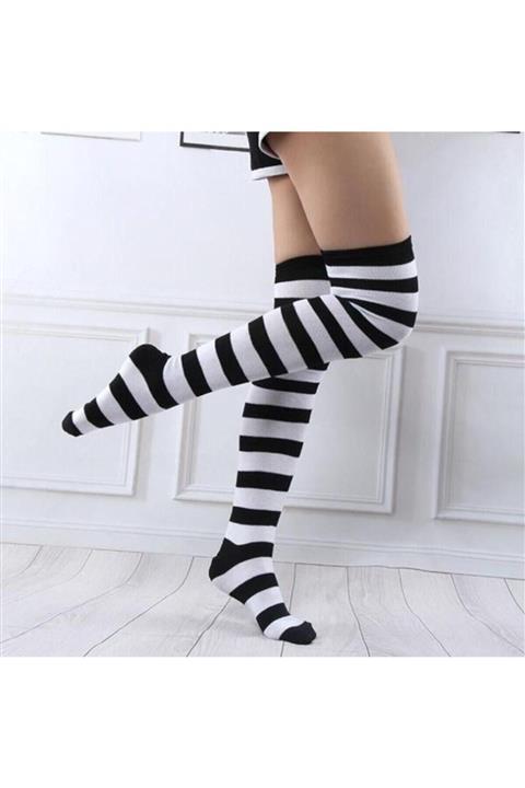 Köstebek Kadın Siyah Beyaz Çizgili  Gotik Punk Diz Üstü Çorap
