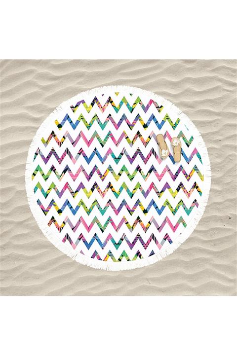 decoars Zigzag Figürlü Tasarım Püsküllü Yuvarlak Plaj Havlusu