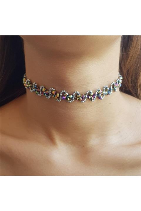 Handmade By HLY El Yapımı Renk Geçişli Kristal Taş Detaylı Çiçek Motifli Choker Kolye