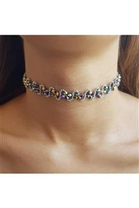 Handmade By HLY El Yapımı Renk Geçişli Kristal Taş Detaylı Çiçek Motifli Choker Kolye