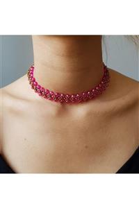 Handmade By HLY Kadın Şeffaf Pembe -Gold El Yapımı Kristal Taşlı İşlemeli Choker Kolye