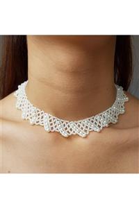 Handmade By HLY Kadın Beyaz El Yapımı İnci Detaylı Choker Kolye