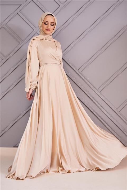 Şule Giyim Kruvaze Detaylı Kolu Lastikli Saten Elbise Bej