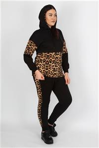 Şans Kadın Siyah Leopar Garnili Sweatshirt Pantolon Takım 65N19196