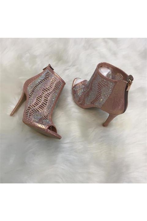 canik ayakkabı Bakır Stiletto Bakır Ve Gümüş Işlemeli Önü Açık Yarım Bot Görünümlü Fermuarlı Ayakkabı