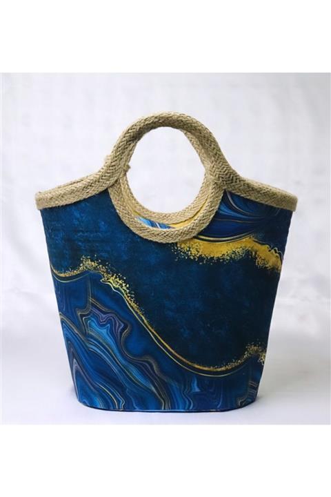 çanta tasarımcısı Kadın Mavi Mermer Desen Plaj Çantası