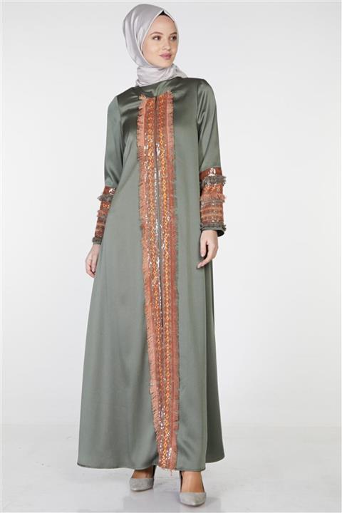 Tuğba Etnik Nakışlı Haki Abaya