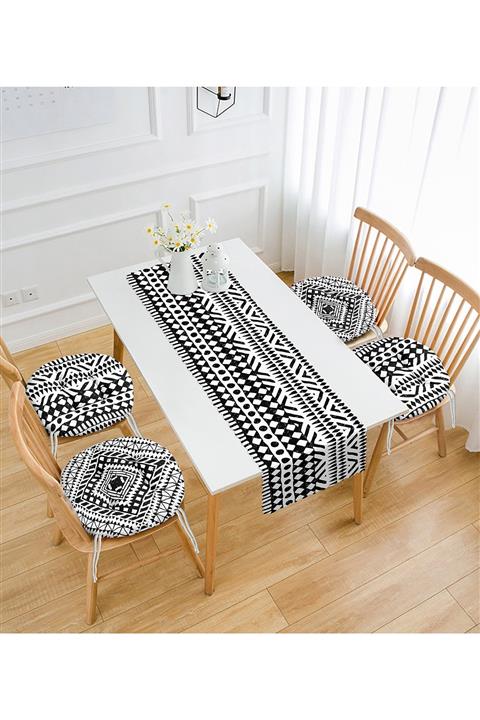 Realhomes Iskandinav Desen Tasarımlı 4 Yuvarlak Pofidik Sandalye Minderi  1 Runner Seti