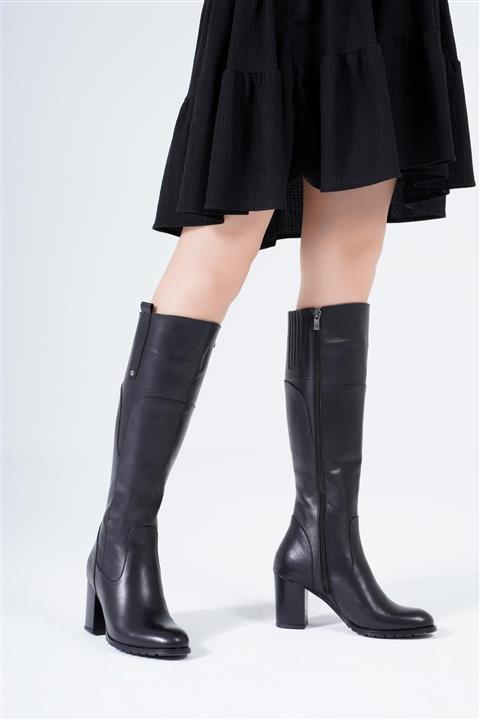 CZ London Hakiki Deri Kadın Çizme Topuklu Fermuarlı Zımbalı Diz Altı