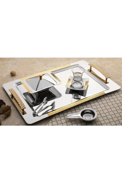 Nehir Sırma Altın Paslanmaz Çelik Tepsi Çay Tepsisi