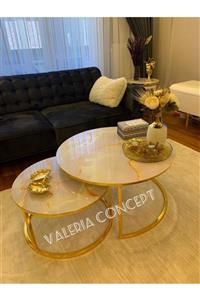 valeria concept Yavrulu Orta Sehpa Gold Kaplama Mermer Desen Cam