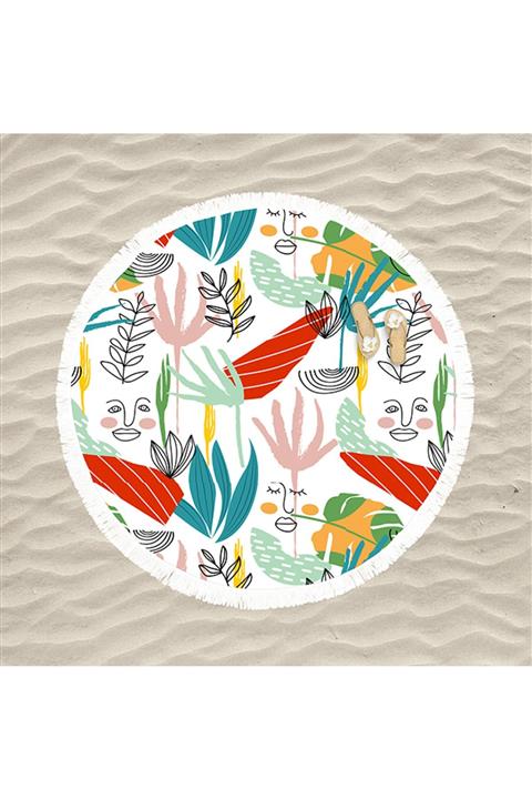 decoars Bohem Figürlü Özel Tasarım Püsküllü Yuvarlak Plaj Havlusu
