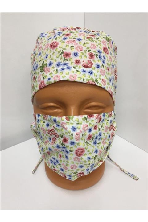 Mude Çiçek Desenli Bone-maske Takımı % 100 Pamuklu Yıkanabilir Kumaş