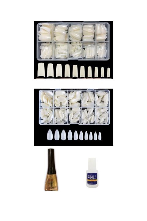 objekozmetik Takma Protez Tırnak Seti (100 Adet Yarım Ay-100 Adet Badem Tips-1 Adet Yapıştırıcı-1 Adet Bakımyağ)