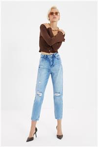 TRENDYOLMİLLA Açık Mavi Yırtık Detaylı Yüksek Bel Mom Jeans TWOAW22JE0386