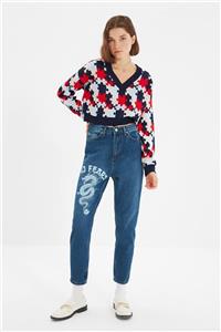 TRENDYOLMİLLA Mavi Baskılı Yüksek Bel Mom Jeans TWOAW22JE0864