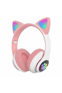 BLUPPLE Kablosuz Bluetooth 5.0 Led Işıklı Kedili Şık Kulaklık Mikrofonlu Katlanabilir Pembe Kedi