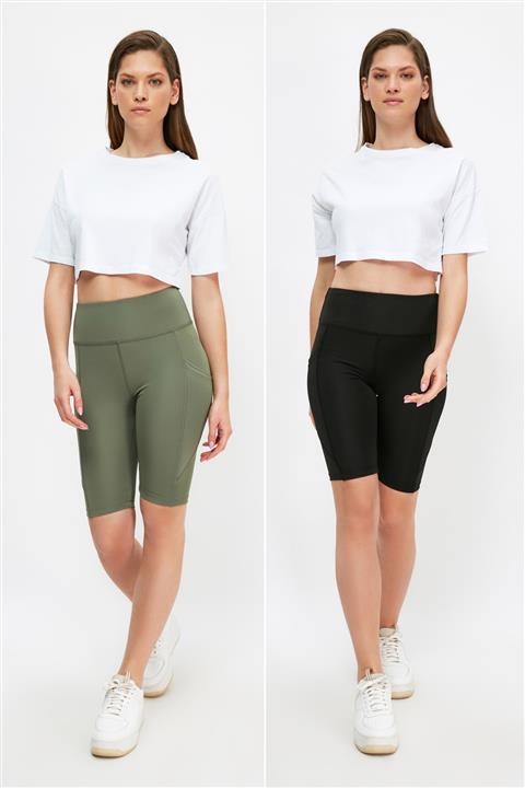 TRENDYOLMİLLA 2'li Paket Siyah-Haki Dikiş Detaylı Spor Tayt TWOSS21TY0095