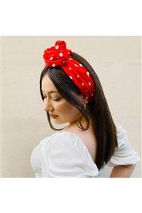 Lovesome Handmade Kırmızı Beyaz Puantiye Desenli Afrika Model Telli Kadın Saç Bandı Bandana