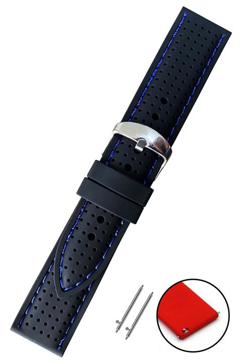 Seiko 22mm Saat Uyumlu Mavi Dikişli Siyah Renk Delikli Silikon Saat Kordonu Kayışı