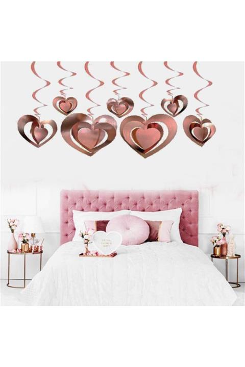 Salkım Party Beyaz At -3 Boyutlu Spiralli Rose Renk Kalp Şekilli Tavan Asma Süsü 12 Adet. - Beyaz At