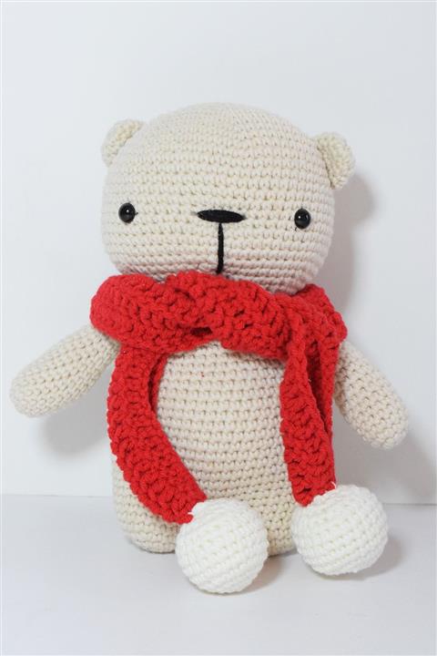 Enjoymydesign Kırmızı Atkılı Örgü Ayıcık Oyuncak Doğal Uyku Arkadaşı 20 cm