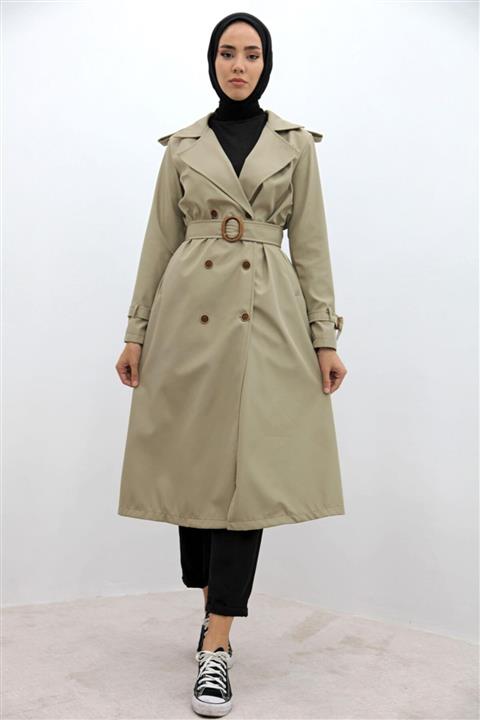 Giza Giyim Kolu Kemerli Trenç Vizon