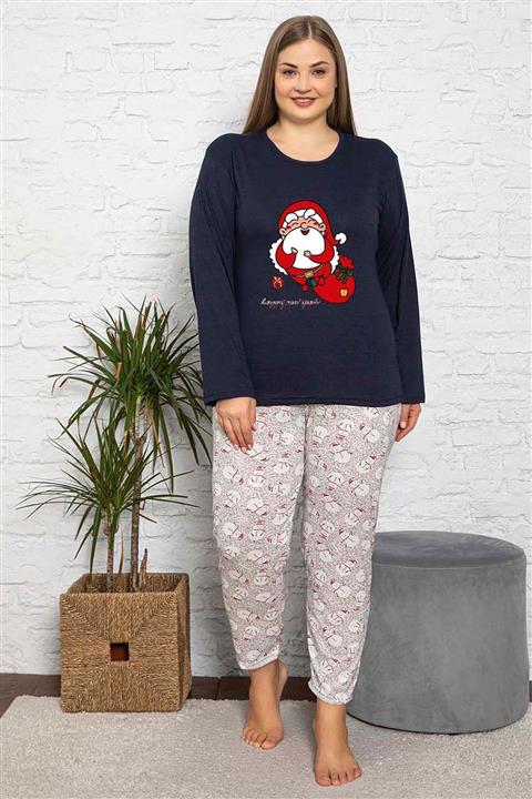 Siyezen Büyük Beden Noel Baskılı Yılbaşı Konsepti Pamuklu Lacivert Pijama Takımı